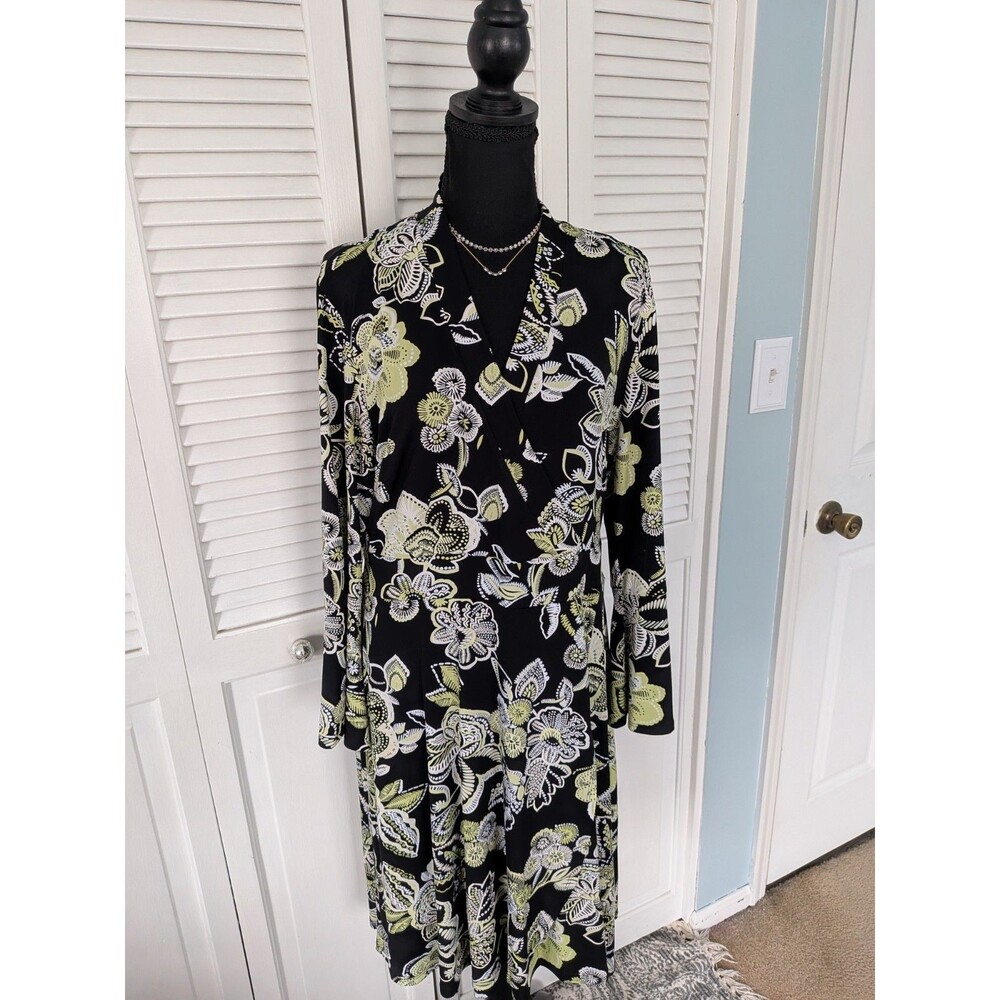 Robbie Bee Dress Women's XL Black Lime Gr Floral Stretch Faux Wrap Career Vneck